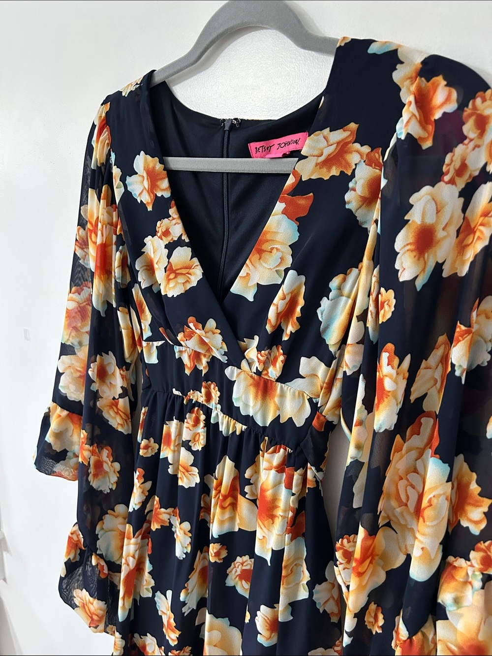 Betsey Johnson Dress Navy Garden Floral Mini Drama Bell Sleeves Fit and Flare - Picture 12 of 16